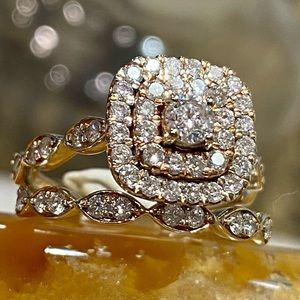 Genuine Diamond Wedding Cluster Ring & Band in 10K